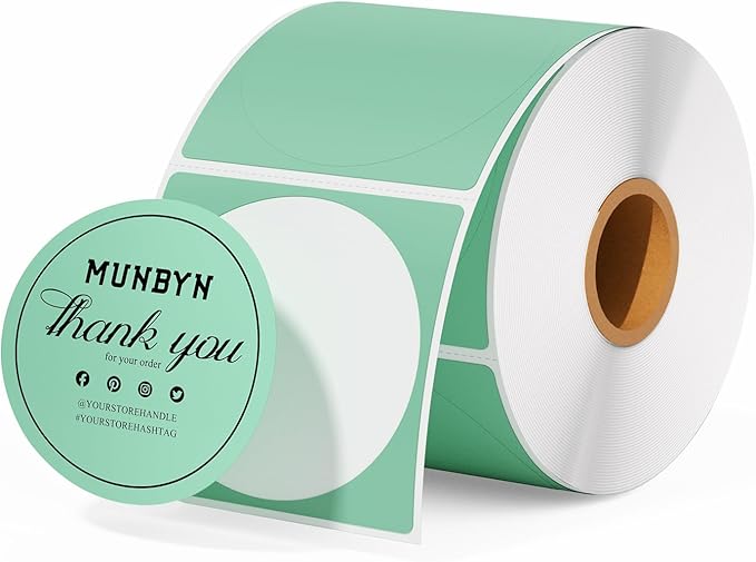 MUNBYN 2 Inch Green Circle Thermal Sticker Labels, Self-Adhesive Round Direct Thermal Labels, Multi-Purpose Roll Sticker Labels for DIY Logo Design, QR Code, Name Tag, Inventory-750 Labels/1 Roll