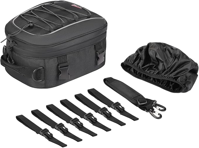 KEMIMOTO Motorcycle Tail Bag, Dual Use Motorcycle Rear Seat Bag with Waterproof Rain Cover, 7-14L Expandable Motorbike Small Bag Luggage Storage Backpack with 6 straps & 1 shoulder strap