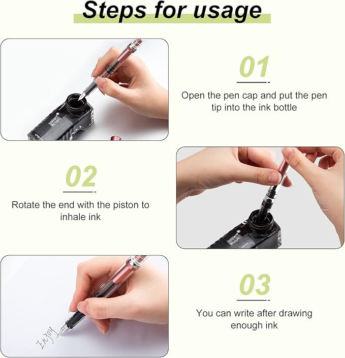 Epakh 4 Pieces Refillable Fountain Pen Transparent Piston Pen Extra Fine Filling Fountain Stationery for Calligraphy Painting, Drawing, School, Scrapbook and Sketch Signature