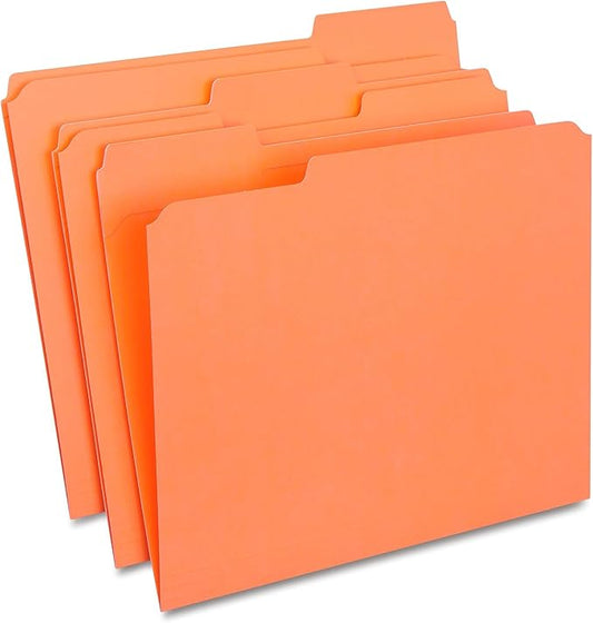 Staples Reinforced Colored File Folders, Letter Size, 3‑Tab Design, Orange, Heavy‑Duty Construction, 100/Box