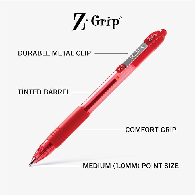 Zebra Pen Z-Grip Retractable Ballpoint Pen, Smooth-Flowing Red Ink, 1.0mm Medium Point, School & Office Supplies, Ideal for Note-Taking, Journal and Planner Use, 18-Pack (22318)