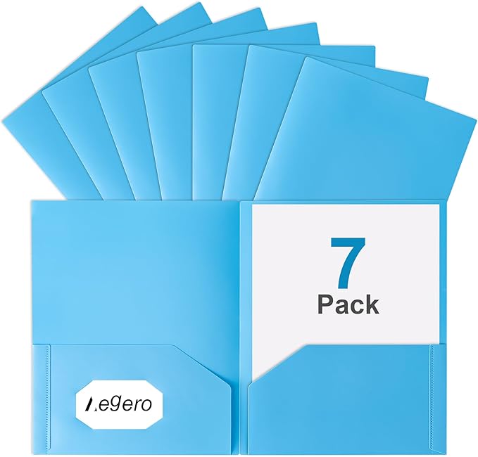 Plastic Folders with Pockets (7 Pack, SkyBlue), Durable Heavy Duty File Folders with Business Card Slot, 2-Pocket Folder for Schoolwork & Office,Letter Size