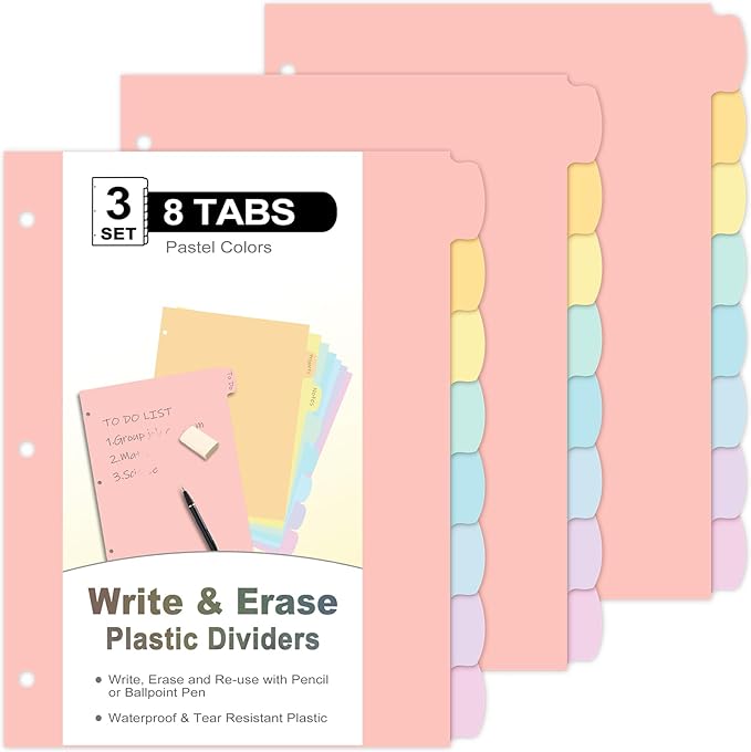 24 Count/3 Sets Write & Erase Binder Dividers with Tabs, Plastic 8 Tab Dividers for 3 Ring Binder Letter Size, Separators for Student School Home Office Document Organizer, Pastel