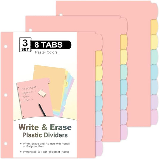 24 Count/3 Sets Write & Erase Binder Dividers with Tabs, Plastic 8 Tab Dividers for 3 Ring Binder Letter Size, Separators for Student School Home Office Document Organizer, Pastel