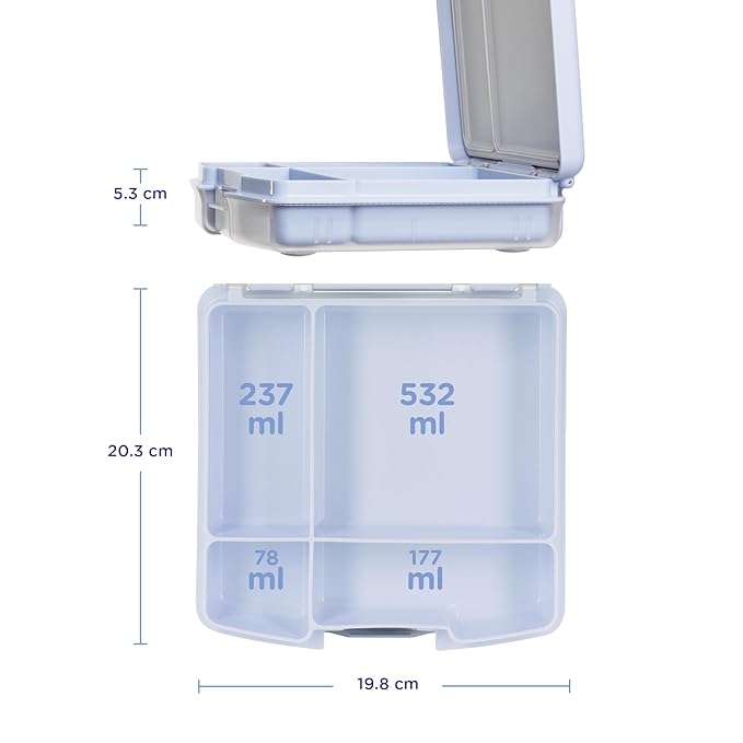 Ubbi Bento Lunch Box for Kids with 4 Compartments, BPA-Free, Leakproof, Dishwasher Safe, Food-Safe Material, Portion-Controlled Lunch Container, Kids Summer Camp, Cloudy Blue (Pack of 2)