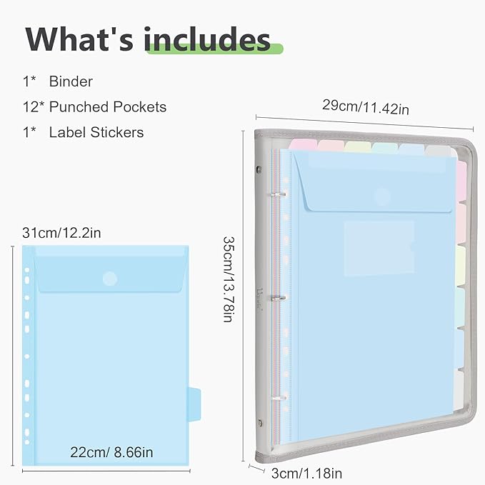 Uquelic Document Organizer, Soft PVC Binder with 12 Colorful Pockets - Zipper Binder 3 Ring with Dividers Letter Size (11'' x 8.5'')-Large Capacity Cute Folder for School, Office & Home Use (Grey)