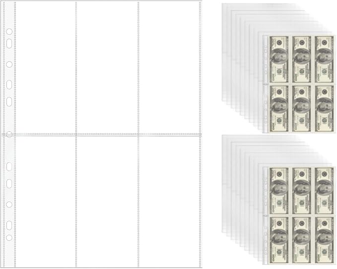 NatSumeBasics 20 A4 Binder 6 Pocket 2.5" X 6" Sheet Protectors Clear Binder Sleeves for A4 Binder Notebook Folder Cash Money Organizer (6 Pocket)
