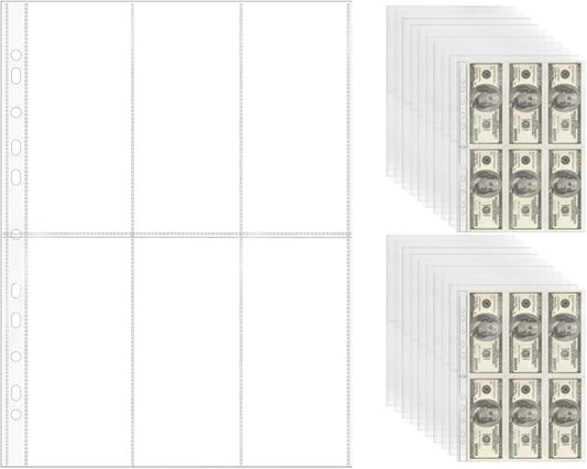 NatSumeBasics 20 A4 Binder 6 Pocket 2.5" X 6" Sheet Protectors Clear Binder Sleeves for A4 Binder Notebook Folder Cash Money Organizer (6 Pocket)