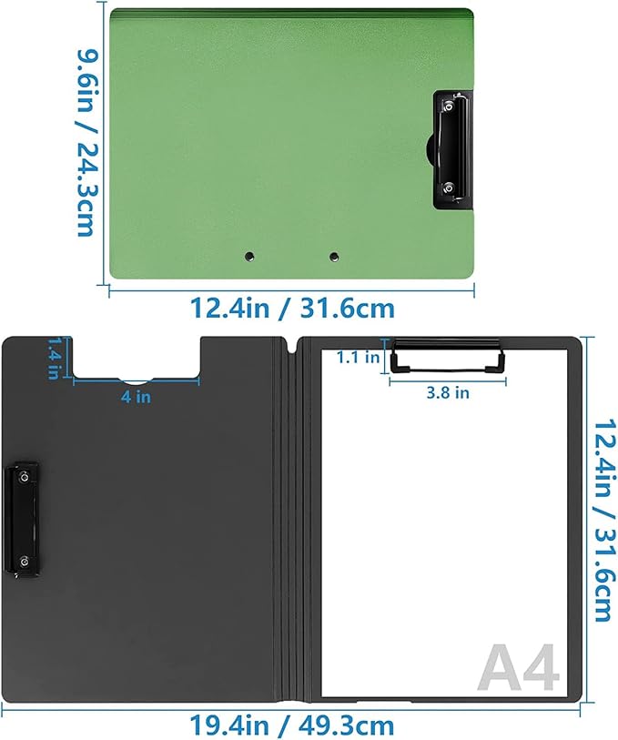 2 Pack Foldable Clipboards, A4 Office Clipboard Folder with Double Metal Clips, 360 Degree Foldable Binder Clipboard with Pen Holder, File Cover Work Folder Clipboards, Green