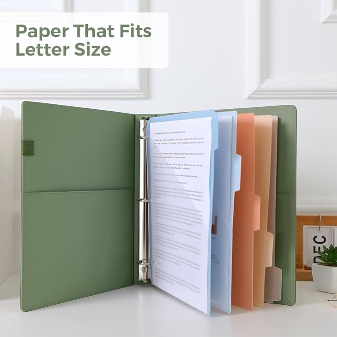 SKYDUE Clipboard Binder with Refillable Notepad, PU Clipboard Folder Includes 5 Dividers with 10 Pockets, Labels, 3 Ring Binder 1 Inch for School Office (Fit Letter Sized Paper),Olivegreen