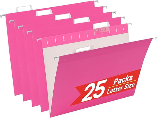 Pink Hanging File Folders,25 Packs Letter Size File Folder,Designed for Bulky Files,Filing Cabinet,1/5 Adjustable Tabs for Office,School,Home
