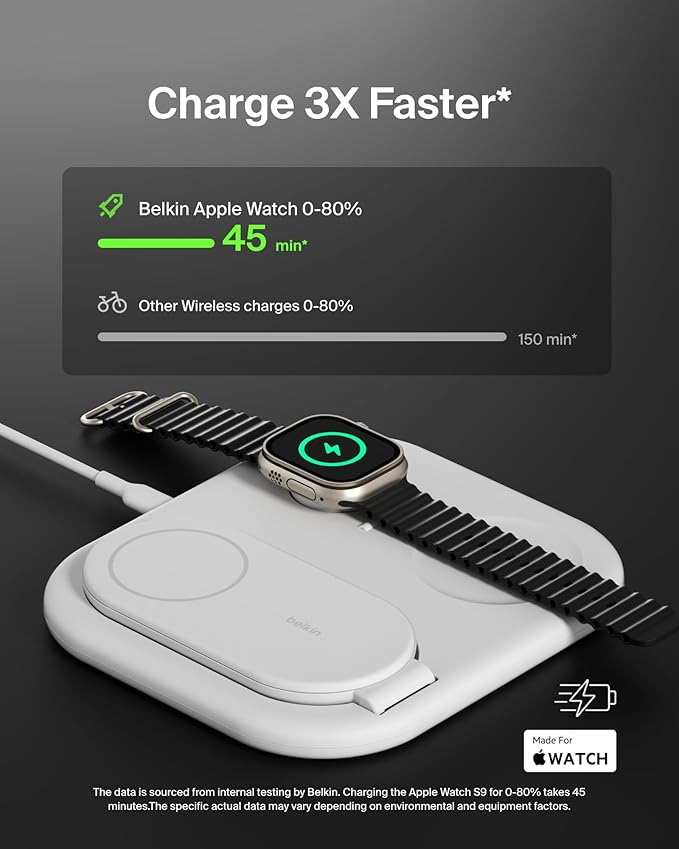 Belkin 3-in-1 MagSafe-Compatible iPhone Charger - Foldable Magnetic Qi2 Certified, MagSafe Charging Station for Phone, Apple Watch, AirPods - Wireless for Multiple Devices