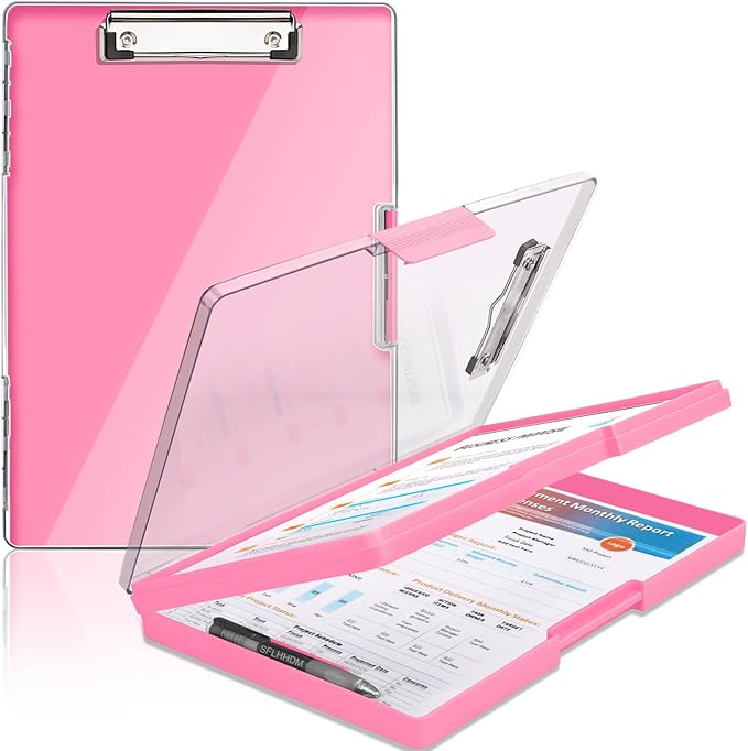 SFLHHDM Clipboard with Storage,Heavy Duty Clip Boards 8.5x11 with 2 Storage Case,Clear Visible Panel Storage Clipboards,Side Opening Nursing Clipboard Folder for Office Supplies-Pink