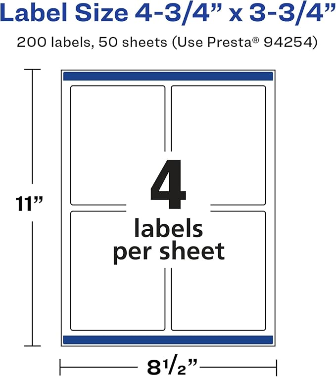 Avery Glossy White Rectangle Labels, Sure Feed Technology, 4.75" x 3.75", 200 Glossy White Labels, Print-to-The-Edge, Permanent Adhesive, Laser/Inkjet Printable