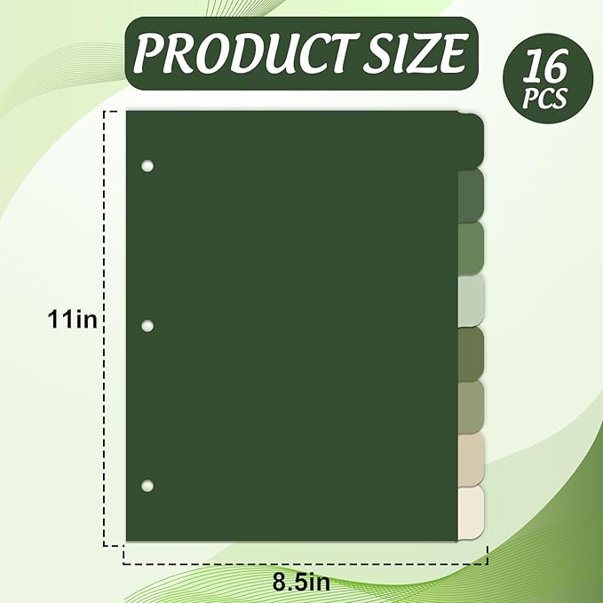 Whaline 16 Pcs/ 2 Set Sage Green 3 Ring Binder Dividers Colorful Index Dividers Plastic Page Folder Divider Sheets Protectors for Notebook Home Office Classroom Supplies