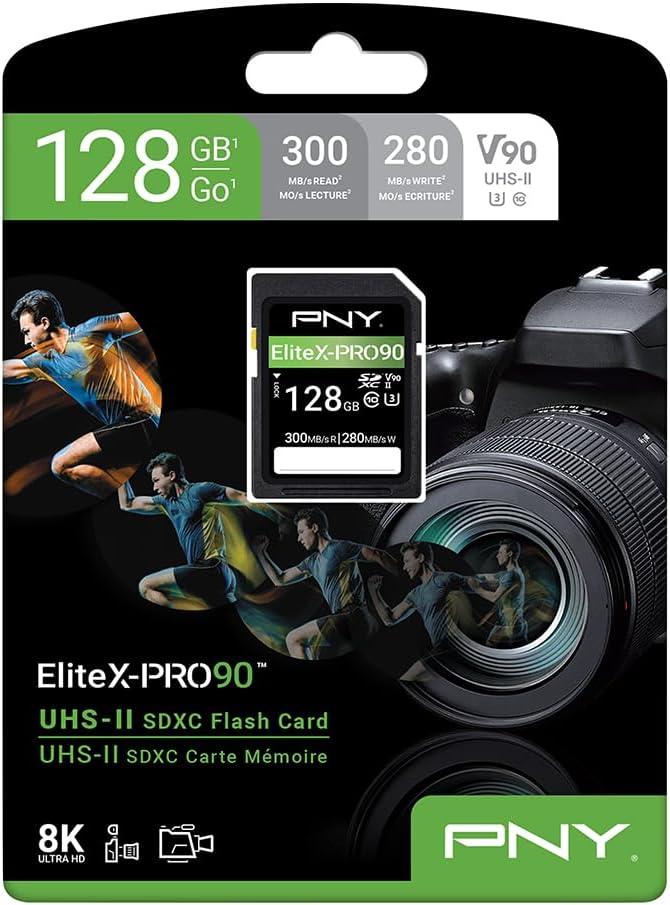 PNY 128GB EliteX-PRO90 UHS-II SDXC Memory Card – R300MB/s W280MB/s, U3, V90, 8K UHD, Full HD, UHS-II for Professional Photographers & Content Creators, DSLR, Mirrorless Cameras, Advanced Video Cameras