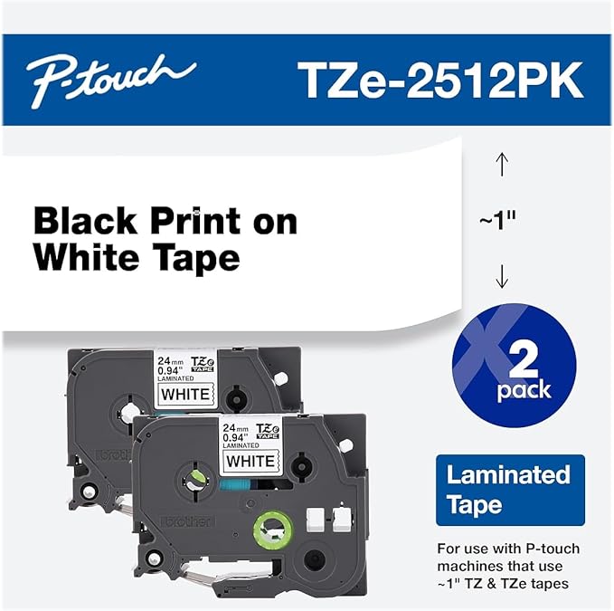 Brother TZe-2512PK ~1" (9mm) Black on White Laminated Label Tapes