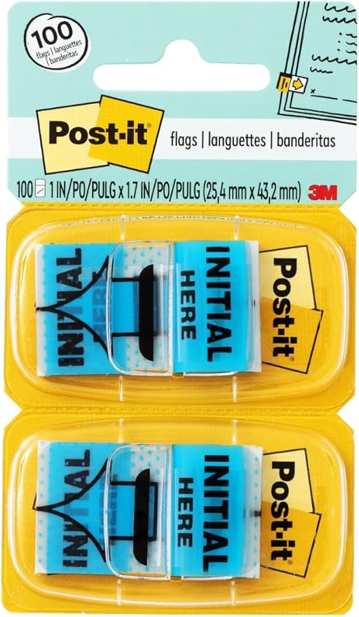 Post-it Initial Here Flags, 100 Flags/Pack, 1 in Wide, Blue (680-IH2) - 24 Pack, 2400 Total Flags