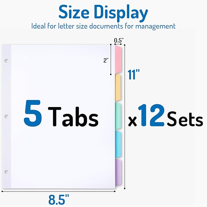 Forvencer Blank Writable Binder Dividers, 1/5 Cut Tabs, 3 Hole Punch Dividers with Reinforced Edge, Binder Dividers with Multicolor Tabs, Letter Size, 12 Sets, 60 Dividers