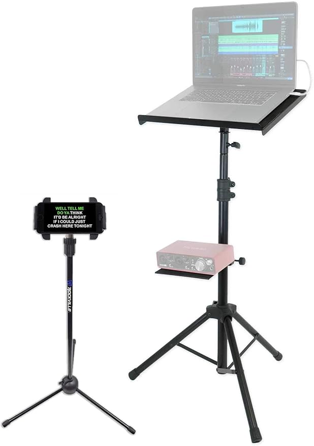 Rockville RLS68 Bundle: Professional DJ Tripod Laptop Tablet Stand with Dual Trays, iStand 20 Adjustable Tripod Stand for iPhone, iPad, Galaxy, and Smart Devices, 2-Items