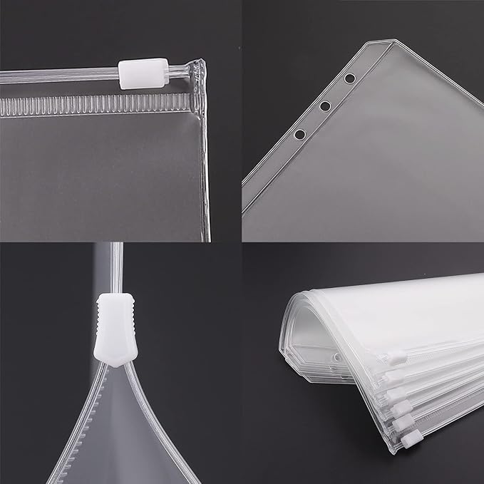 Antner 12pcs A6 Size Binder Pockets 6 Holes Budget Cash Envelopes for Budgeting, Clear Zipper Folders Loose Leaf Bags for A6 6-Ring Budget Binder, Waterproof PVC Document Pouch Filing Bags