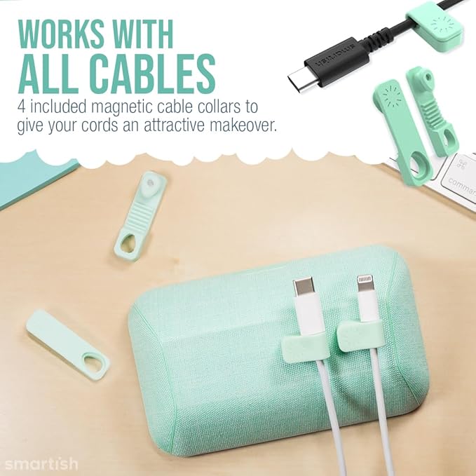 Smartish® Magnetic Cord Holder - Bigger Cable Wrangler Organizer with Magnet Clips for Charger Management on Desktop, Nightstand - Holds 6+ Cables - Teal Me More