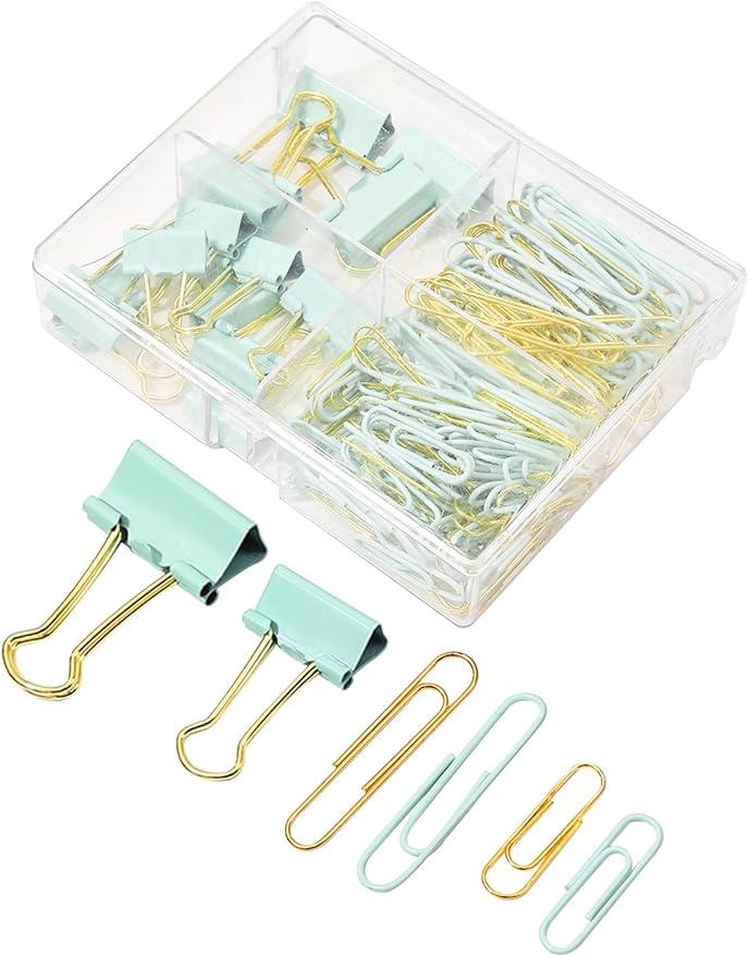 LIONSOUL Paper Clips Binder Clips Assorted Size, 165 Pcs, Cute Paperclips for Document Organizing, Colored Binder Clips Paper Clips Set for Office, School, Home Supplies(Green)