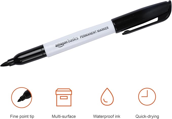 Amazon Basics Fine Tip Permanent Markers for Writing, Drawing, Quick Drying, Office, School, and Home Use, Black, 12 Pack