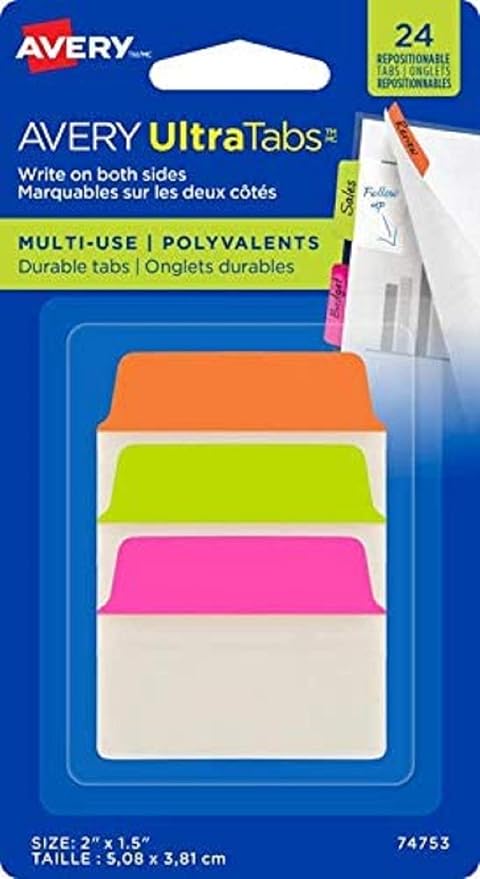 Avery Sticky Ultra Tabs/Bookmarks Multi Purpose, 24 Tabs per Pack, 50.8 mm, Orange, Green, Pink