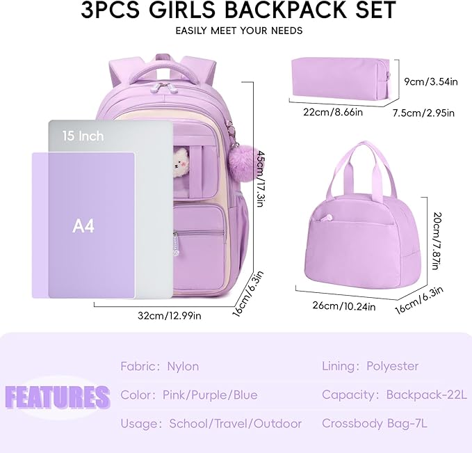 Girls Backpack with Lunch Box 3Pcs, Kawaii School Bag Set for Kid Elementary Middle School, Multi-Pocket Cute Laptop Bookbag Lightweight, Purple