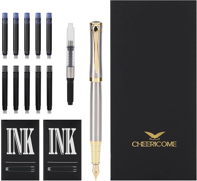 Cheericome Luxury Fountain Pen Set - Smooth Writing Fountain Pen Fine Nib, Includes 10 Ink Cartridges and Ink Refill Converter - Silver