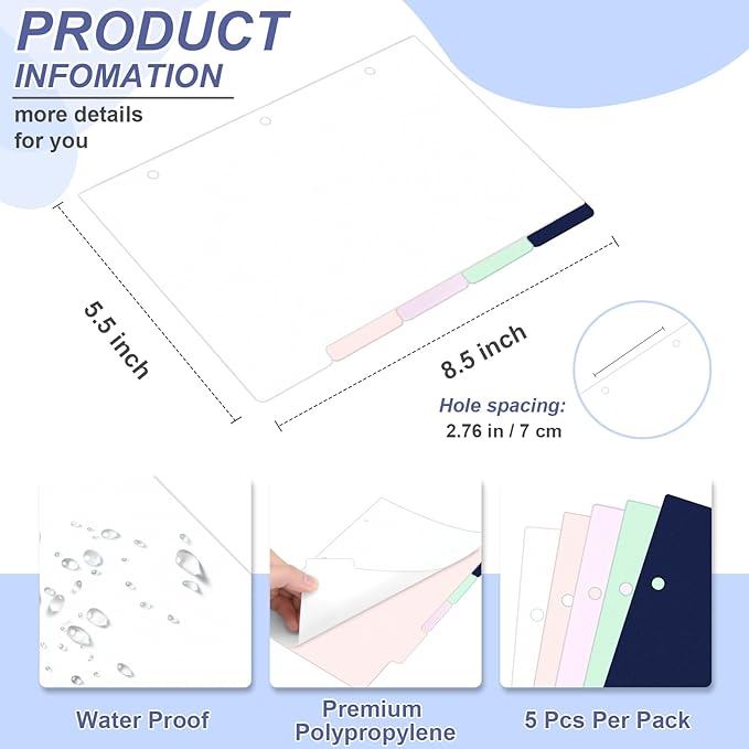 (5.5 x 8.5 inch) 5 Tab 3 Hole Punch Dividers with Tabs Disc Bound Dividers Junior Size discbound Notebook Accessories 5 Color for Office Meeting (10)