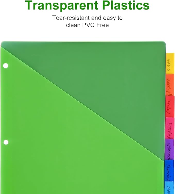 8-Tab Binder Dividers - Index Pockets Divider for 3 Ring Binders, 3-Hole Plastics Sheets Protectors for US Letter Size in 0.5'', 1'', 2'', 3 inch Binders, 8 Colors (XY004) (2 Packs)