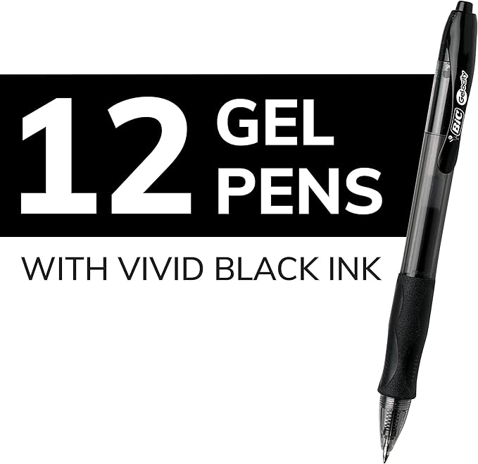 BIC Gelocity Original Black Gel Pens, Medium Point (0.7mm), 12-Count Pack, Retractable Gel Pens With Comfortable Grip