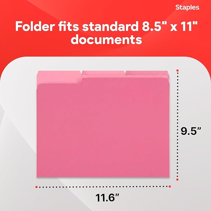 Staples Reinforced Colored File Folders, Letter Size, 3‑Tab Design, Pink, Heavy‑Duty Paper Stock, 100/Pack