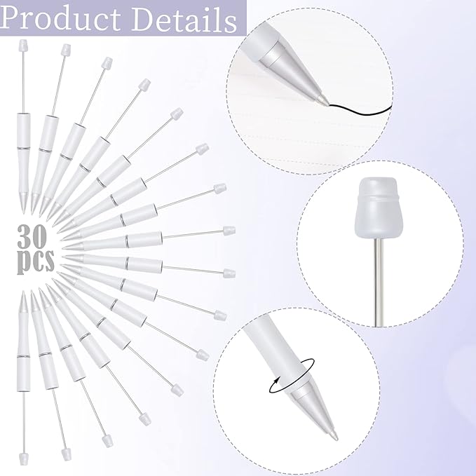 jiebor 30Pcs White Beadable Pens Plastic Bead Ballpoint DIY Cute Cool Pens Black Ink for Women Men Bridal Graduation Gift Office Supplies