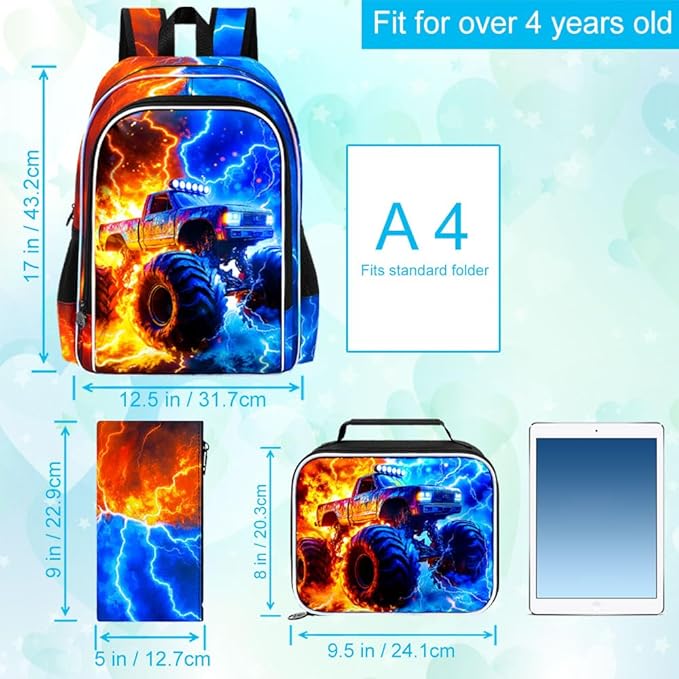 gxtvo 3PCS Kids Truck Backpack for Boys, 17" Boys Bookbag with Lunch Box, Water Resistant Middle Elementary School Bag - Fire & Lightning Truck