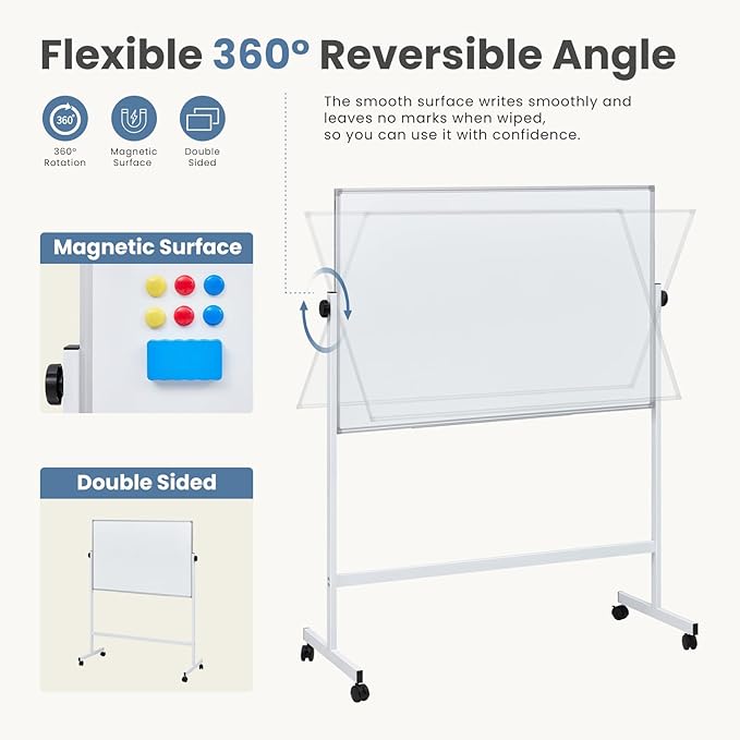 DUMOS Rolling Whiteboard Double Sided 46 x 32 Inches, Magnetic White Board Dry Erase on Wheels, Dry Erase Board with Stand for School, Office and Home, Silver Aluminium Frame, White