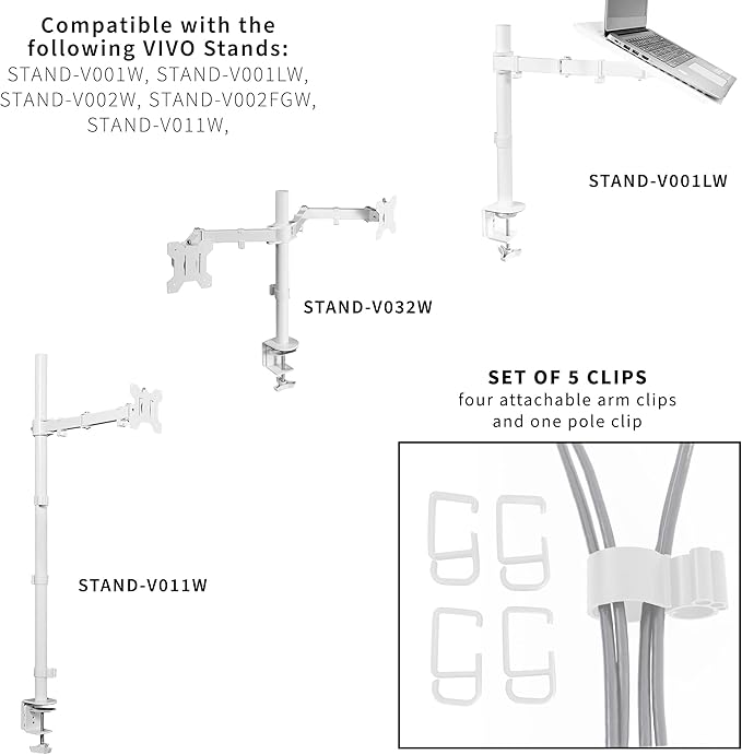 VIVO Cable Management Clips for Desk Monitor Stands, Computer Office Workstation Cord Organization Kit, 1 Pole Clip and 4 Arm Clips, Set of Monitor Mount Wire Holder Hooks, White, PT-SD-WC05CW