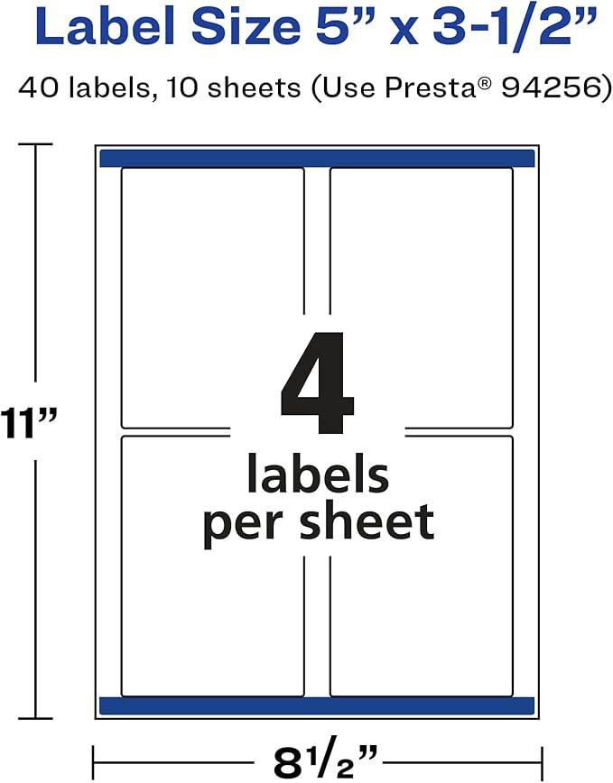 Avery Glossy White Rectangle Labels, Sure Feed Technology, 5" x 3.5", 40 Glossy White Labels, Permanent Adhesive, Laser/Inkjet Printable