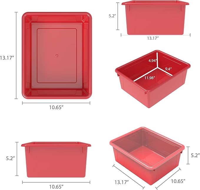 Storex Letter Size Deep Storage Tray – Organizer Bin with Non-Snap Lid for Classroom, Office and Home, Red, 5-Pack (62545A05C)