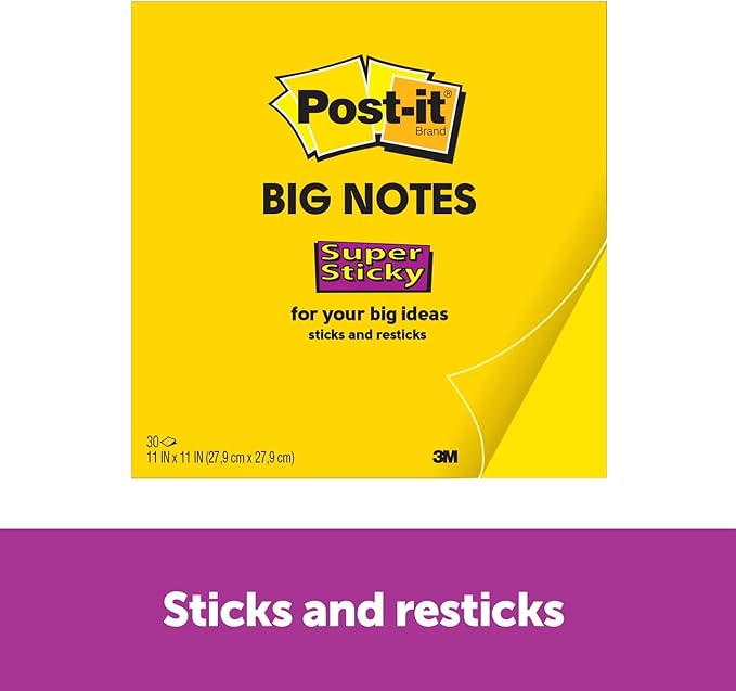 Post-it Super Sticky Big Notes, 11 in x 11 in, 1 Pad, 2X The Sticking Power, Yellow, Recyclable (BN11), 3 Pack