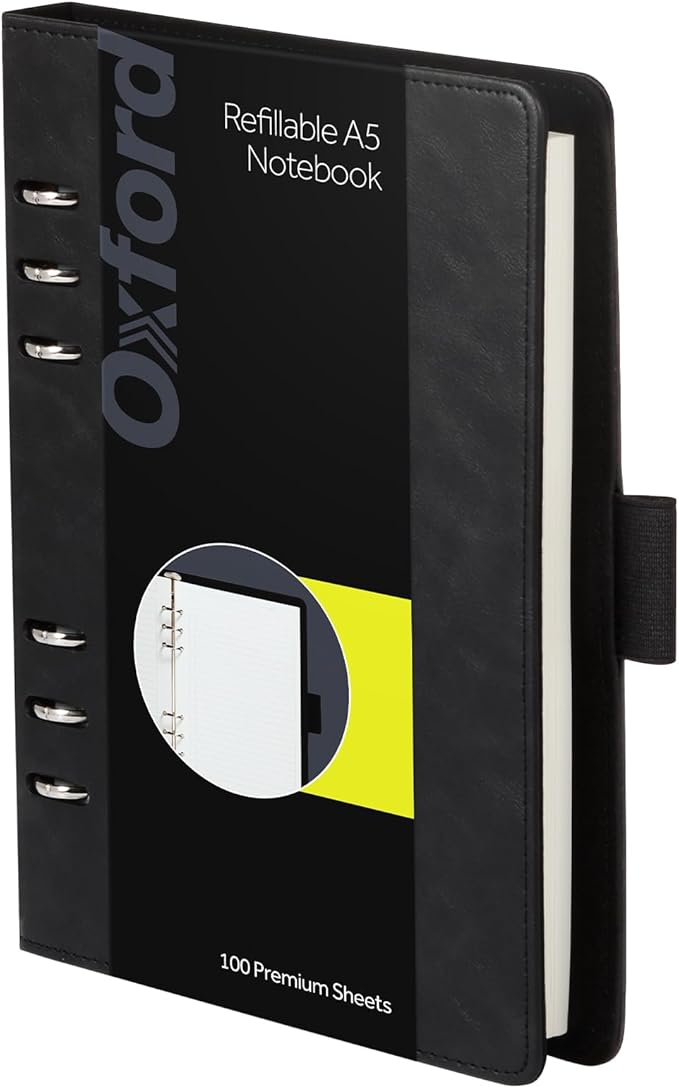 Oxford 6-Ring Professional Notebook, 7 x 9 Inch, Refillable Notebook, Writing Journal, Ivory Paper, 100 Sheets, Black Faux Leather Cover (90004)