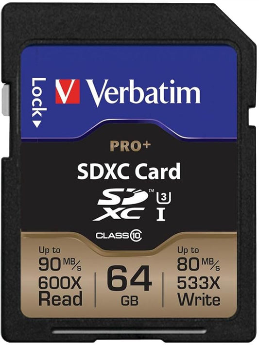 Verbatim 64GB Pro Plus 600X SDXC Memory Card, UHS-I V30 U3 Class 10