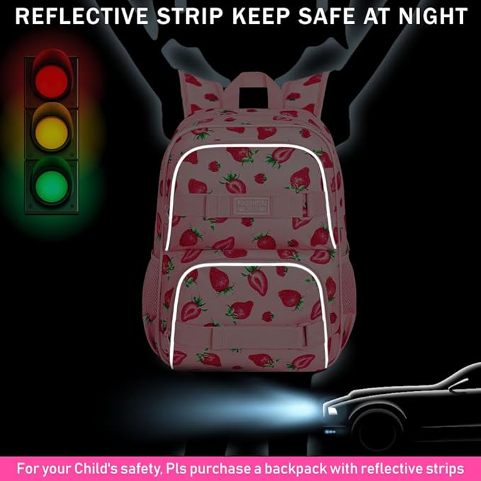 3PCS Backpack for Girls, 17" Water Resistant School Bag with Lunch Box, Cute Strawberry Bookbag Set for Women College Teenagers High Middle Elementary