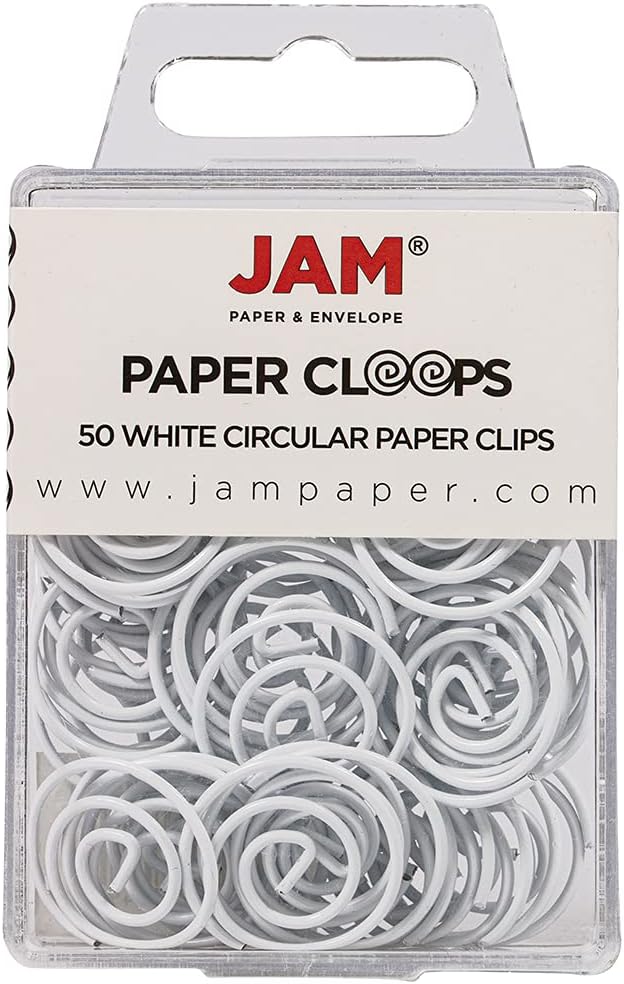 JAM PAPER Circular Paper Clips - Round Paperclips - White - 50/Pack