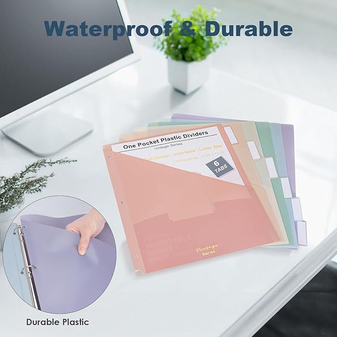 6 Tabs Binder Dividers with Pockets, Binder Dividers with Tabs for 3 Ring Binder Letter Size, Durable Plastic Binder Organizer, Vintage, 2 Sets