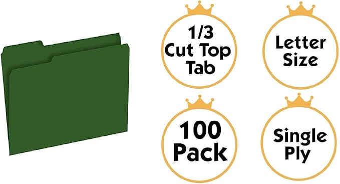 The File King 1/3 Cut Dark Green File Folders Letter Size - 100 Pack | Colored Manilla Folders 8.5 x 11 | USA Made | Assorted 3 Tab Color Manila File Folder | Office Supplies | Basic Filing Folder