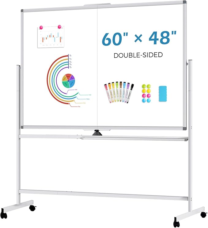 Large Rolling Whiteboard with Stand, 60" x 48" Double-Sided Mobile White Board Dry Erase, Giant Magnetic Dry Erase Board on Wheels for Office, Home & School