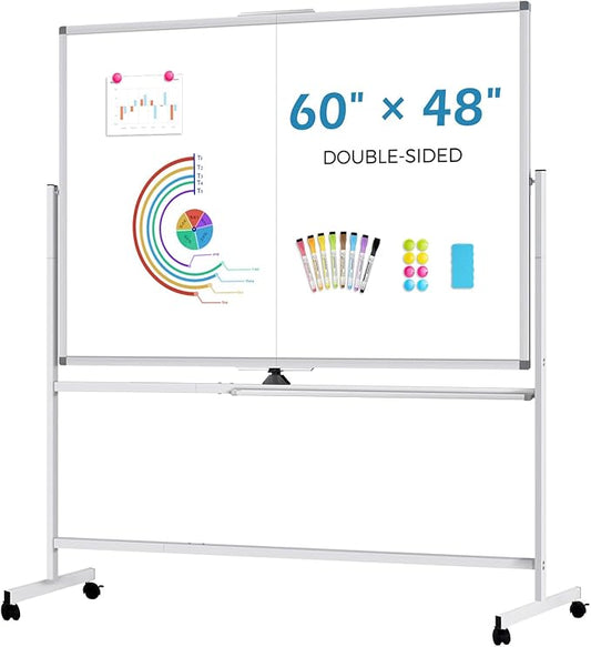 Large Rolling Whiteboard with Stand, 60" x 48" Double-Sided Mobile White Board Dry Erase, Giant Magnetic Dry Erase Board on Wheels for Office, Home & School
